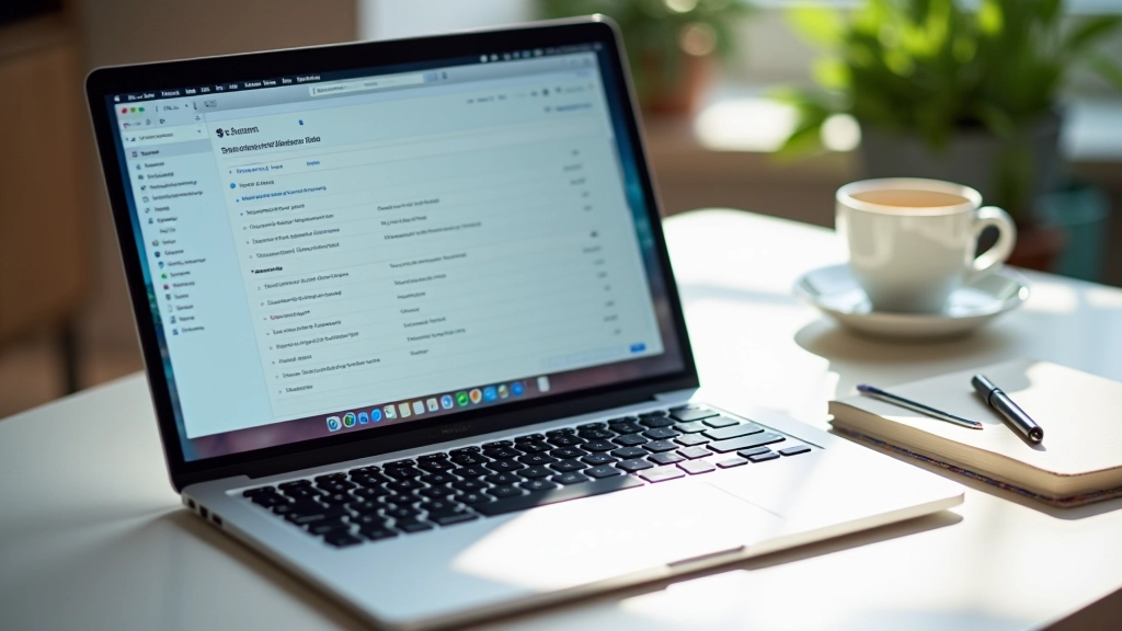 Laptop screen showing note-taking app interface with organized notebooks and tags visible