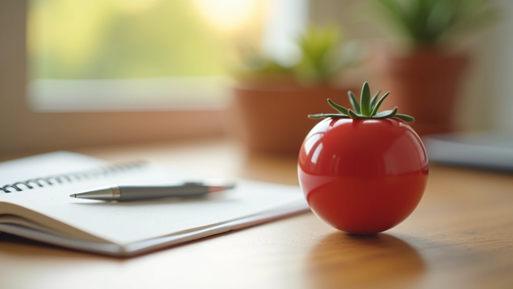 Red tomato-shaped Pomodoro timer sitting on wooden desk next to notebook and pen with morning sunlight